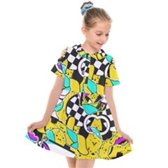 Shapes On A Yellow Background                                      Kids  Short Sleeve Shirt Dress by LalyLauraFLM