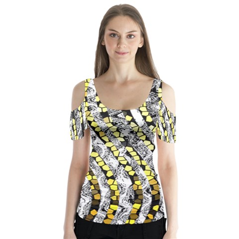 Bright Gold Black And White Waves Created By Flipstylez Designs Butterfly Sleeve Cutout Tee  by flipstylezfashionsLLC