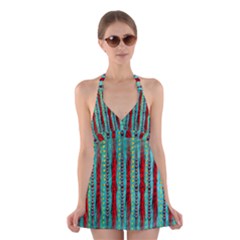 Bluegreen Background Red And Orange Seamless Design Created By Flipstylez Designs Halter Dress Swimsuit 