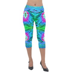 The Tropical Watercolor Peacock Feather Created By Flipstylez Designs  Lightweight Velour Capri Leggings  by flipstylezfashionsLLC