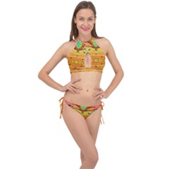 Yellow And Pink Ready For The Island By Flipstylez Designs  Cross Front Halter Bikini Set by flipstylezfashionsLLC