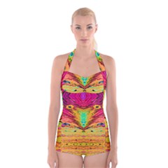 Pink Yellow And Tropical Pink Created By Flipstylez Designs Boyleg Halter Swimsuit  by flipstylezfashionsLLC