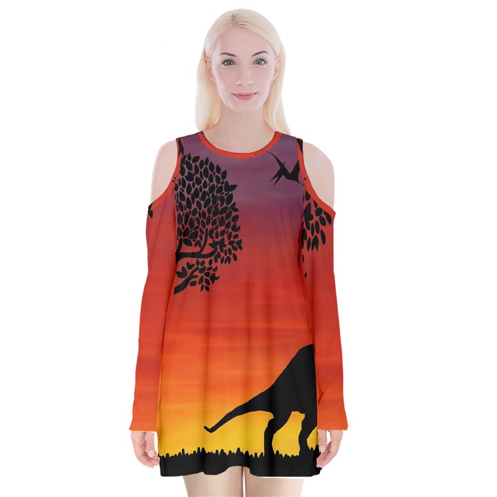 Sunset Dinosaur scene Velvet Long Sleeve Shoulder Cutout Dress