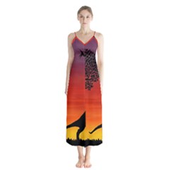 Sunset Dinosaur Scene Button Up Chiffon Maxi Dress