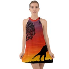 Sunset Dinosaur Scene Halter Tie Back Chiffon Dress