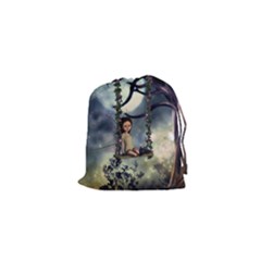 Cute Little Fairy With Kitten On A Swing Drawstring Pouches (xs)  by FantasyWorld7