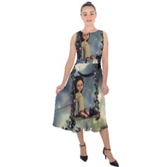 Cute Little Fairy With Kitten On A Swing Midi Tie-back Chiffon Dress