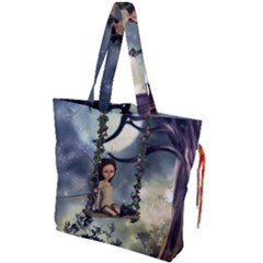 Cute Little Fairy With Kitten On A Swing Drawstring Tote Bag by FantasyWorld7