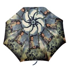 Cute Little Fairy With Kitten On A Swing Folding Umbrellas by FantasyWorld7