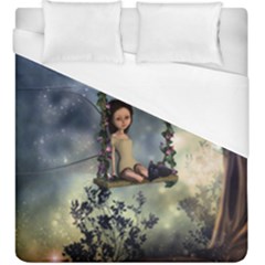 Cute Little Fairy With Kitten On A Swing Duvet Cover (king Size) by FantasyWorld7