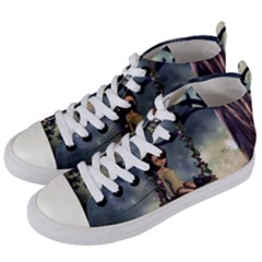 Cute Little Fairy With Kitten On A Swing Women s Mid-top Canvas Sneakers by FantasyWorld7