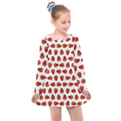Red Peppers Pattern Kids  Long Sleeve Dress by SuperPatterns