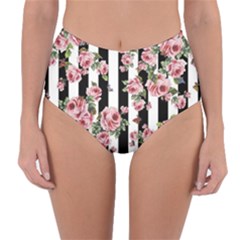 Pink Roses And Butterflies Stripes Reversible High-waist Bikini Bottoms by CasaDiModa