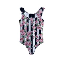 Pink Roses And Butterflies Stripes Kids  Frill Swimsuit by CasaDiModa