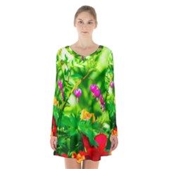 Bleeding Heart Flowers In Spring Long Sleeve Velvet V-neck Dress by FunnyCow