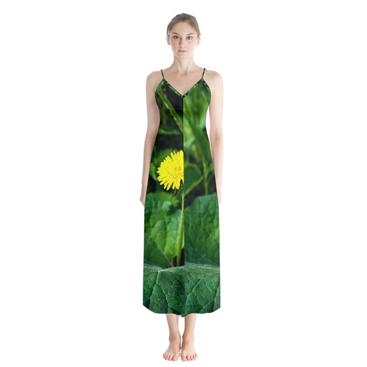 Yellow Dandelion Flowers In Spring Button Up Chiffon Maxi Dress