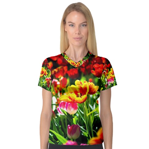 Colorful Tulips On A Sunny Day V-neck Sport Mesh Tee by FunnyCow