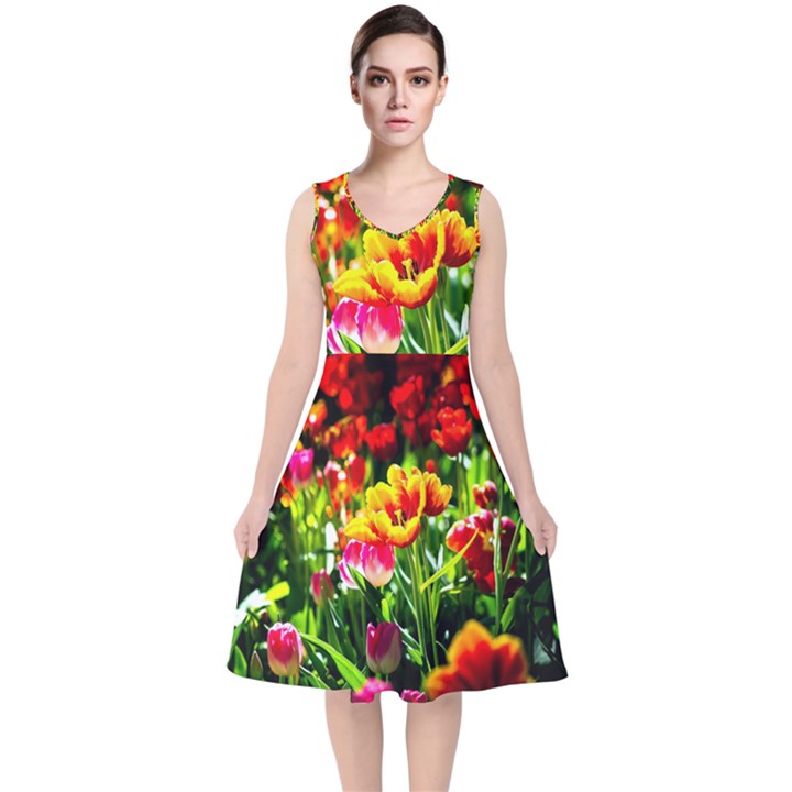 Colorful Tulips On A Sunny Day V-Neck Midi Sleeveless Dress 