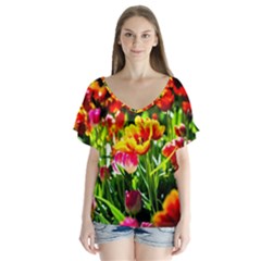 Colorful Tulips On A Sunny Day V-neck Flutter Sleeve Top by FunnyCow