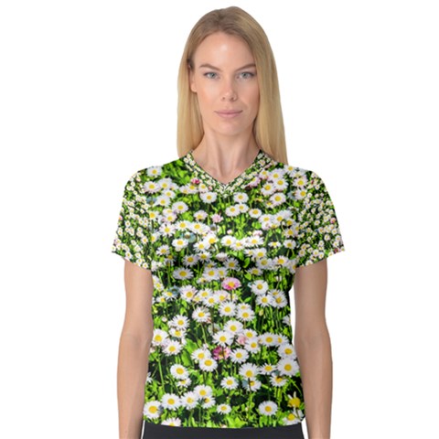 Green Field Of White Daisy Flowers V-neck Sport Mesh Tee by FunnyCow
