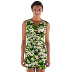 Green Field Of White Daisy Flowers Wrap Front Bodycon Dress by FunnyCow