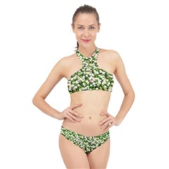 Green Field Of White Daisy Flowers High Neck Bikini Set by FunnyCow