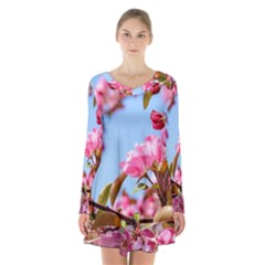 Crab Apple Blossoms Long Sleeve Velvet V-neck Dress by FunnyCow