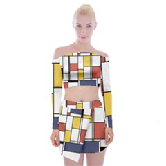 De Stijl Abstract Art Off Shoulder Top With Mini Skirt Set by FunnyCow