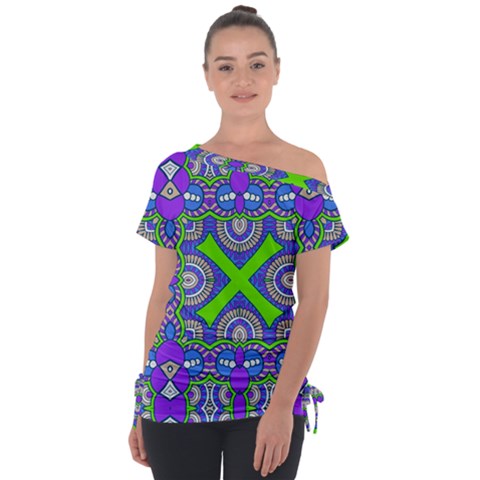 Purple Green Shapes                                  Off Shoulder Tie-up Tee by LalyLauraFLM