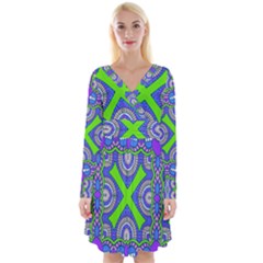 Purple Green Shapes                                           Long Sleeve Front Wrap Dress by LalyLauraFLM