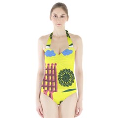 Pink House And Fence Halter Swimsuit
