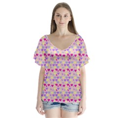 Hearts Butterflies Pink 1200 V-Neck Flutter Sleeve Top