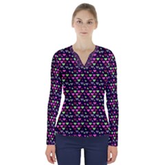 Hearts Butterflies Blue Pink V-Neck Long Sleeve Top