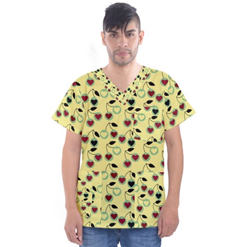 Yellow Heart Cherries Men s V-neck Scrub Top by snowwhitegirl