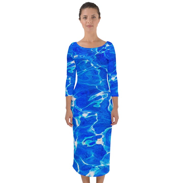 Blue Clear Water Texture Quarter Sleeve Midi Bodycon Dress