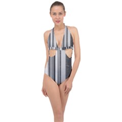 Shades Of Grey Wood And Metal Halter Front Plunge Swimsuit by FunnyCow