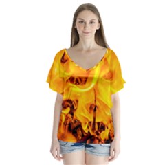 Fire And Flames V-neck Flutter Sleeve Top by FunnyCow