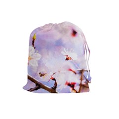 Pink Sakura Purple Background Drawstring Pouches (Large) 