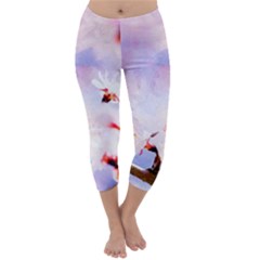 Pink Sakura Purple Background Capri Winter Leggings 