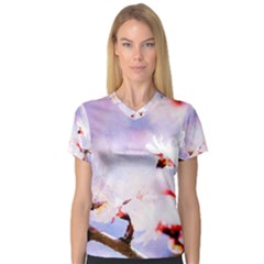 Pink Sakura Purple Background V-Neck Sport Mesh Tee