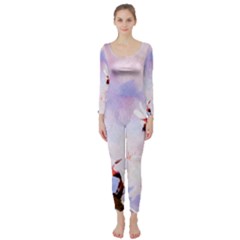 Pink Sakura Purple Background Long Sleeve Catsuit