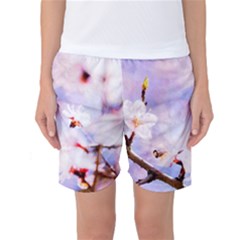 Pink Sakura Purple Background Women s Basketball Shorts