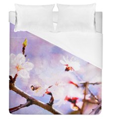 Pink Sakura Purple Background Duvet Cover (Queen Size)