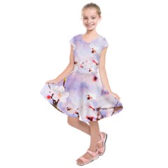 Pink Sakura Purple Background Kids  Short Sleeve Dress