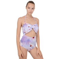 Pink Sakura Purple Background Scallop Top Cut Out Swimsuit