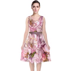 Beautiful Flowering Almond V-neck Midi Sleeveless Dress  by FunnyCow
