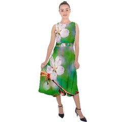 Sakura Flowers On Green Midi Tie-back Chiffon Dress by FunnyCow