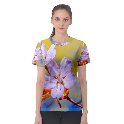 Sakura Flowers On Yellow Women s Sport Mesh Tee by FunnyCow