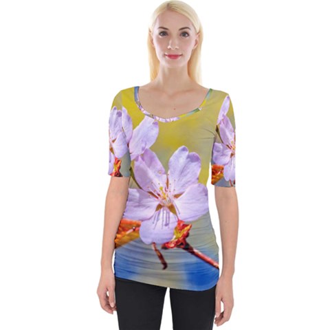 Sakura Flowers On Yellow Wide Neckline Tee by FunnyCow