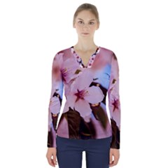 Three Sakura Flowers V-neck Long Sleeve Top by FunnyCow